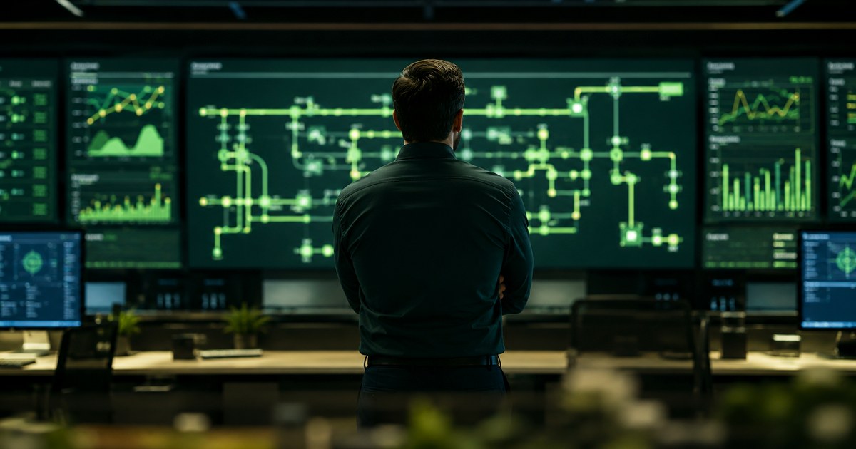 An operations manager reviewing process flow diagrams on control room screens