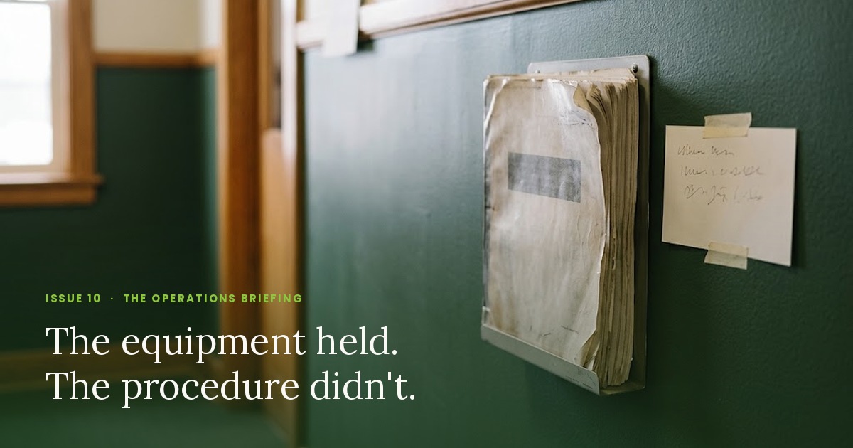 A worn procedure manual mounted on a wall, with a newer handwritten note taped up beside it