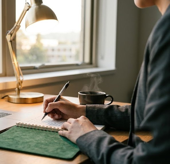 Taking notes beside a laptop during an online course, early morning