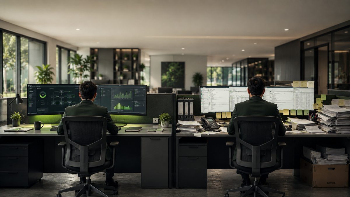 Two operations managers at neighbouring desks — one working with digital dashboards, one with paper stacks