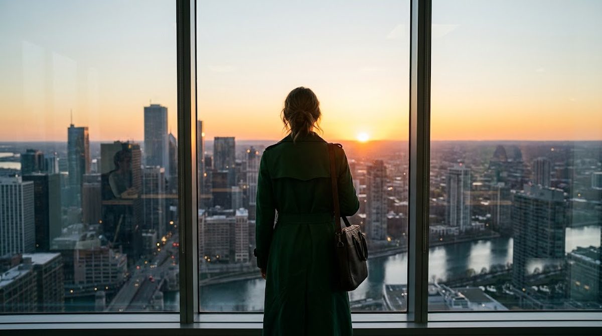 An operations professional at an office window at dawn, looking out over the city