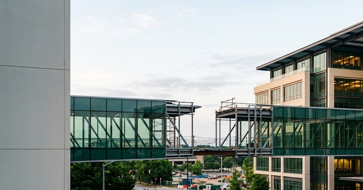 Glass office walkways reaching toward each other with an unfinished gap between them