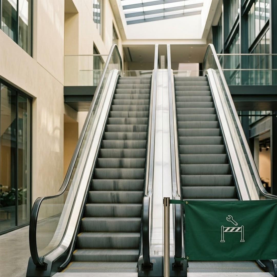 Two office escalators side by side, one running and one closed off with a maintenance barrier