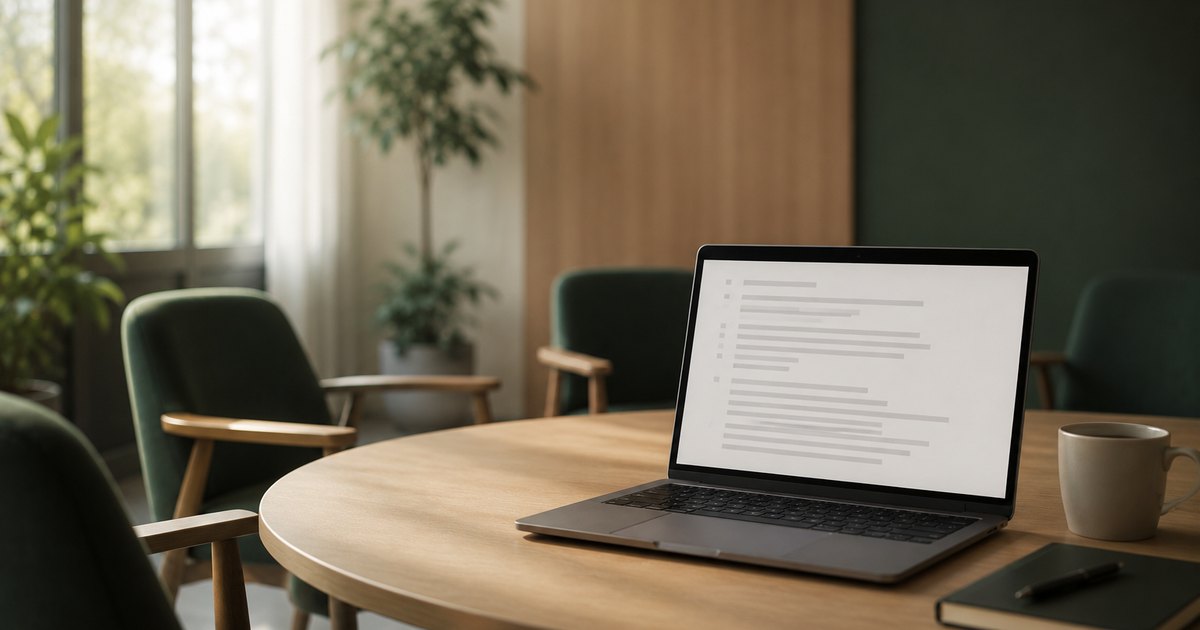 A laptop showing a neatly written meeting summary on a table surrounded by empty chairs
